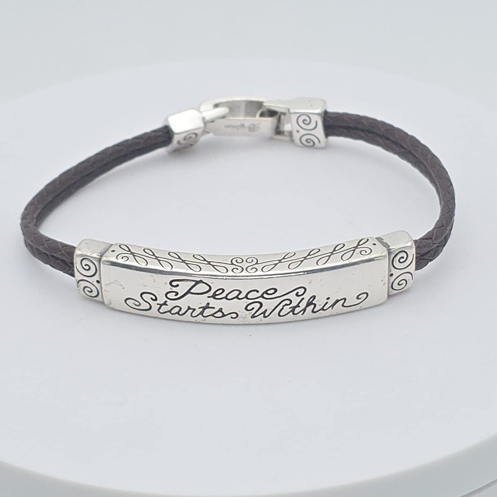 BRIGHTON‎ Id Bracelet 'Peace Starts Within' Scroll 2 Brown Braided Cords 7.25"